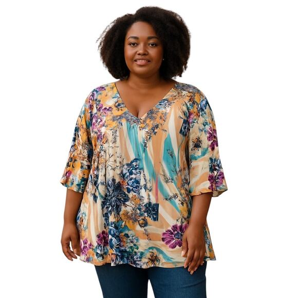 Kate & Mallory Women's 2X Sleeve Maxi BOHO Shirt Top Blouse Miss 18W 20W XXL 2XL - Picture 1 of 5